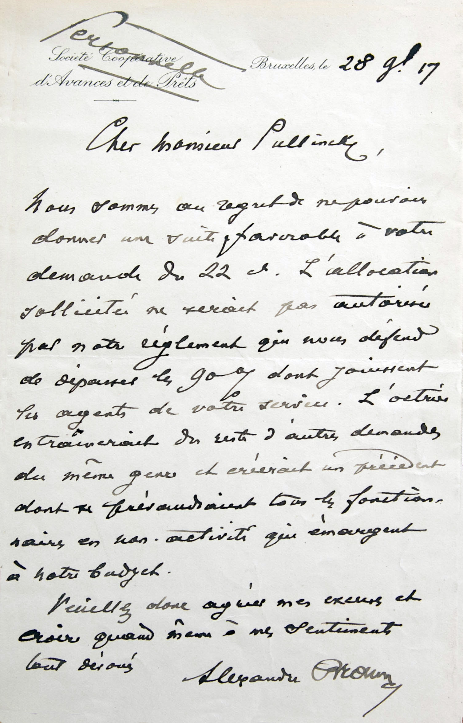 Brief van senator Alexandre Braun aan Gaston Pulings, 28 november 1917