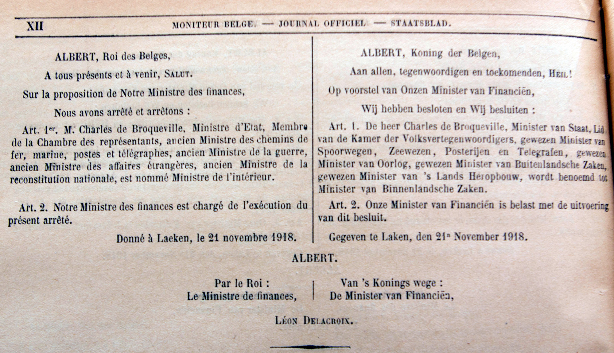 Publication au Moniteur belge du 21 novembre  1918 de la nomination de Charles de Broqueville comme Ministre de l'Intrieur