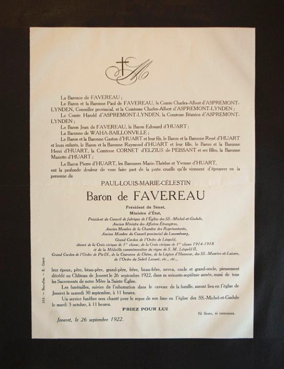 Overlijdensbericht van Baron Paul de Favereau