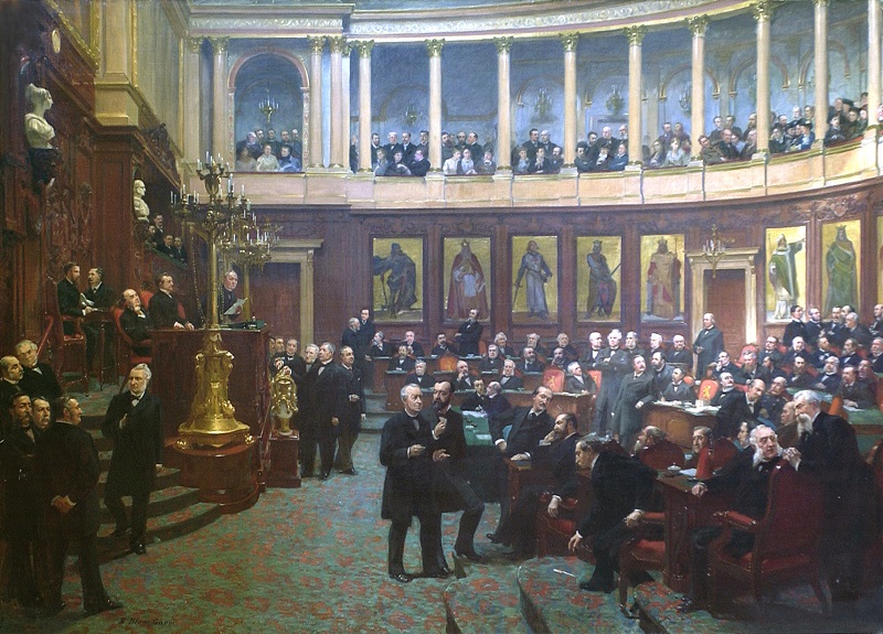Schilderij van Ernest Blanc Garin waarop de Senaat in vergadering staat afgebeeld rond 1880